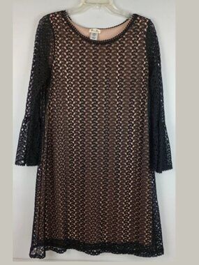 Brittany Black Womens M Black Tan Satin Lining Lace Bell Sleeve Knee Dress